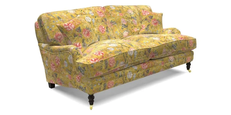 Coates 3 Seater Sofa in Mohair Velvet Indigo with Seat and Back Cushions in Gertrude Jekyll Meadow Flower Blue