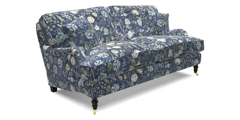 Coates 3 Seater Sofa in Mohair Velvet Indigo with Seat and Back Cushions in Gertrude Jekyll Meadow Flower Blue