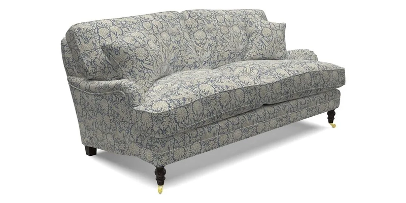 Coates 3 Seater Sofa in Mohair Velvet Indigo with Seat and Back Cushions in Gertrude Jekyll Meadow Flower Blue