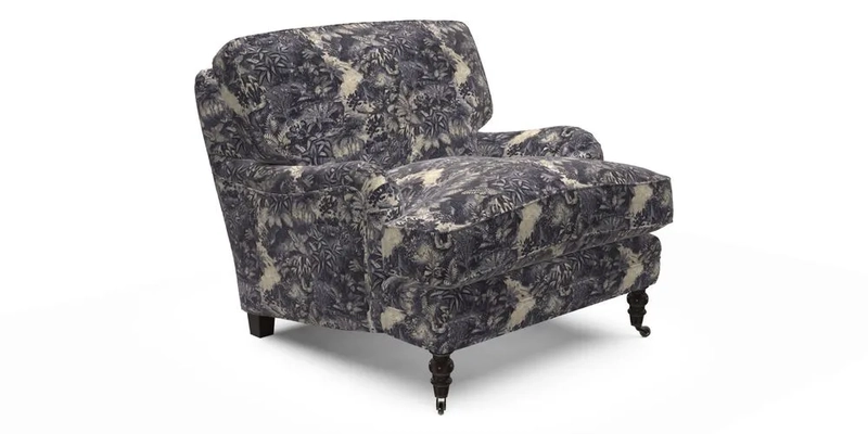 Coates Chair in RHS Gertrude Jekyll Lattice Blue with Seat and Back Cushions in Mohair Velvet Indigo