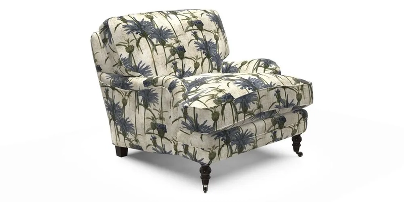 Coates Chair in RHS Gertrude Jekyll Lattice Blue with Seat and Back Cushions in Mohair Velvet Indigo