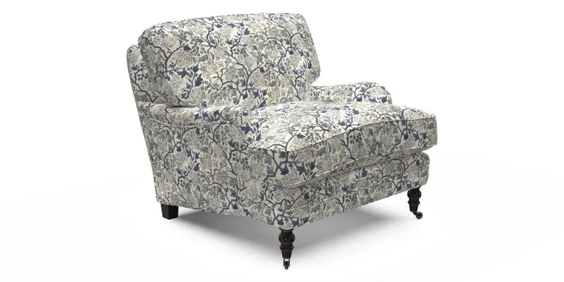 Coates Chair in RHS Gertrude Jekyll Lattice Blue with Seat and Back Cushions in Mohair Velvet Indigo