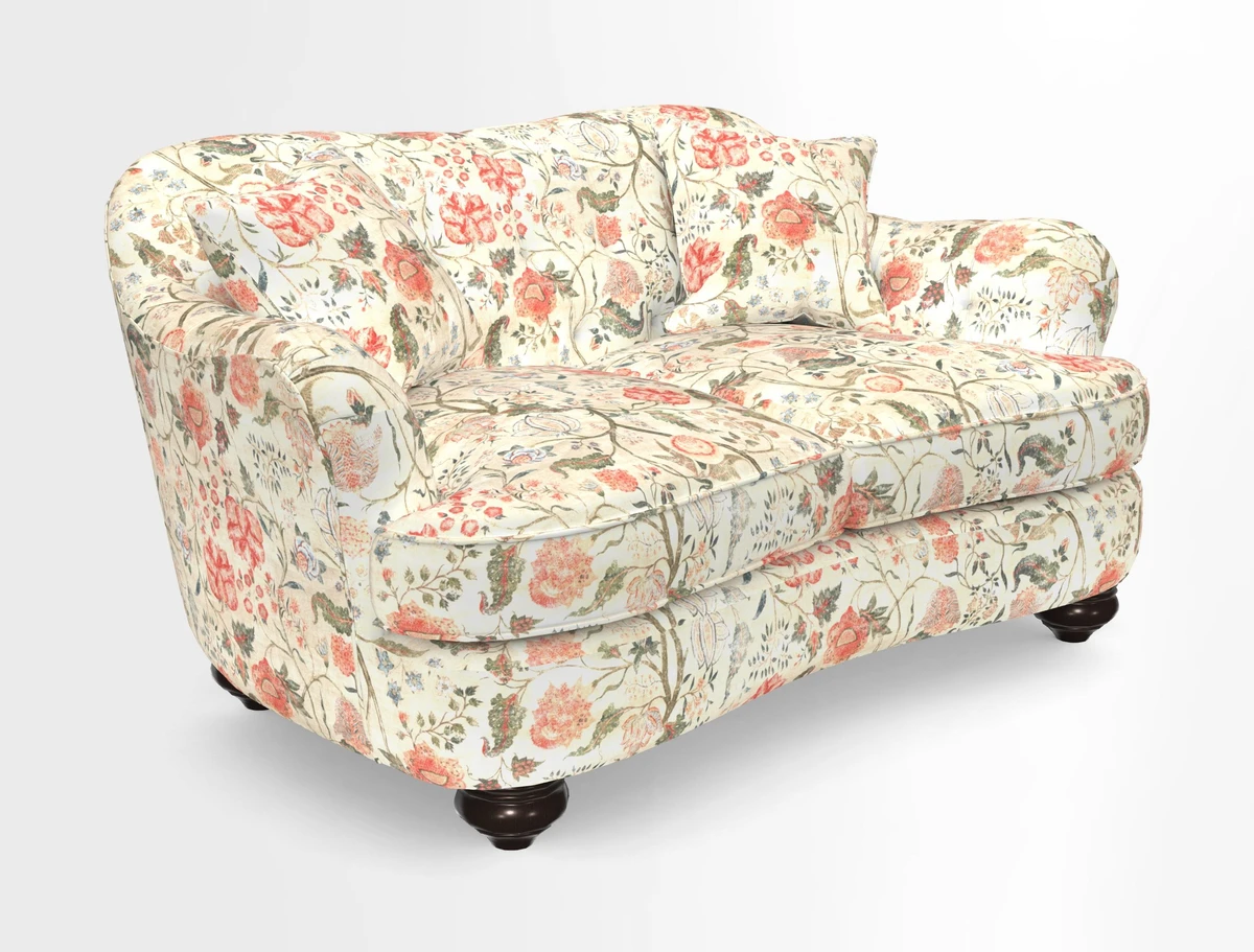 Fairmont 2.5 Seater Sofa in Romo Osumi Wild Rose with Contrast Piping in Linwood Luna Blossom Contrasting Scatters in Colefax & Fowler Jocasta Velvet Red