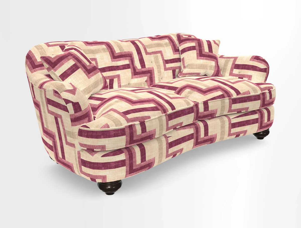 Fairmont 3 Seater Sofa in Romo Osumi Wild Rose with Contrast Piping in Linwood Luna Blossom Contrasting Scatters in Colefax & Fowler Jocasta Velvet Red