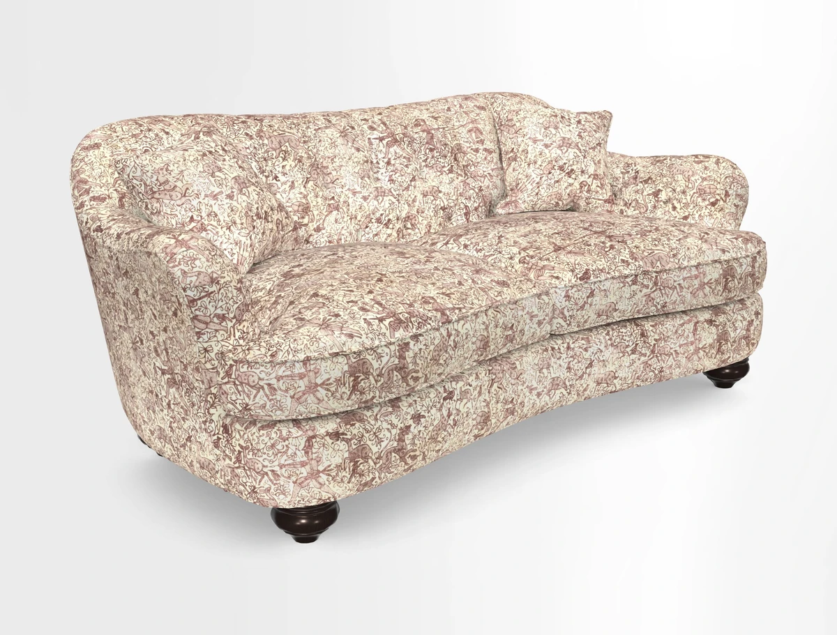 Fairmont 3 Seater Sofa in Romo Osumi Wild Rose with Contrast Piping in Linwood Luna Blossom Contrasting Scatters in Colefax & Fowler Jocasta Velvet Red