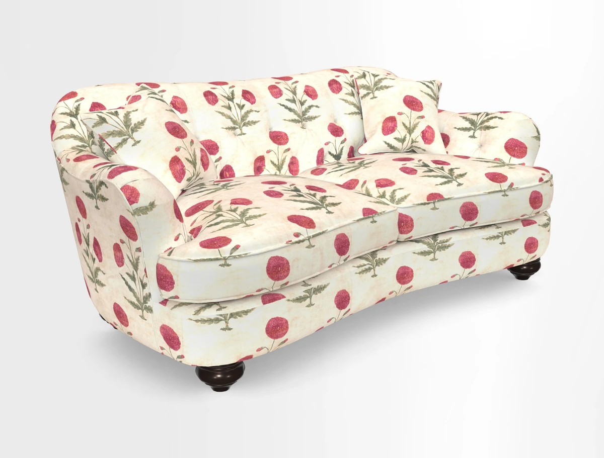 Fairmont 3 Seater Sofa in Romo Osumi Wild Rose with Contrast Piping in Linwood Luna Blossom Contrasting Scatters in Colefax & Fowler Jocasta Velvet Red