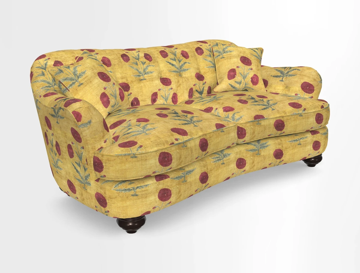 Fairmont 3 Seater Sofa in Romo Osumi Wild Rose with Contrast Piping in Linwood Luna Blossom Contrasting Scatters in Colefax & Fowler Jocasta Velvet Red
