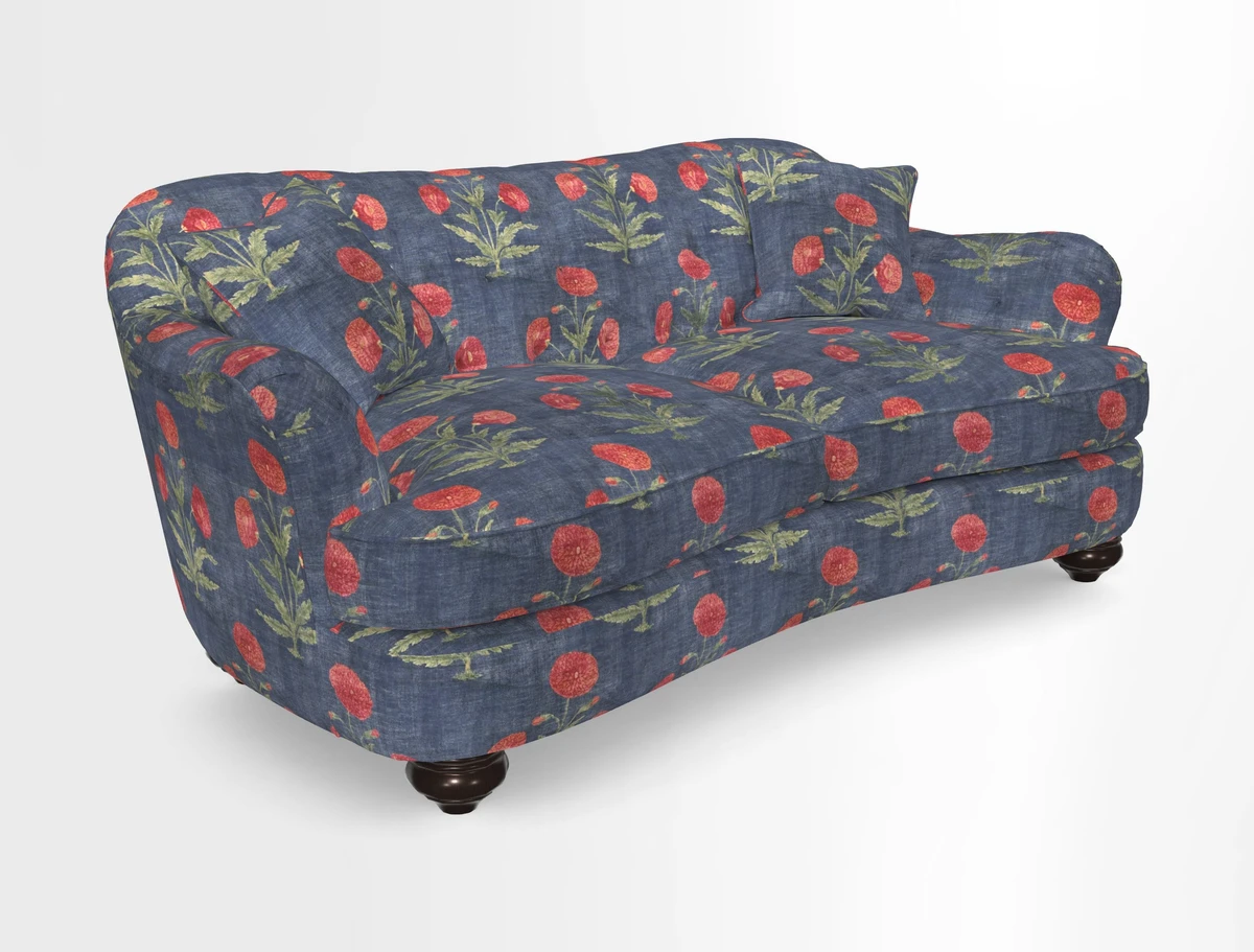 Fairmont 3 Seater Sofa in Romo Osumi Wild Rose with Contrast Piping in Linwood Luna Blossom Contrasting Scatters in Colefax & Fowler Jocasta Velvet Red
