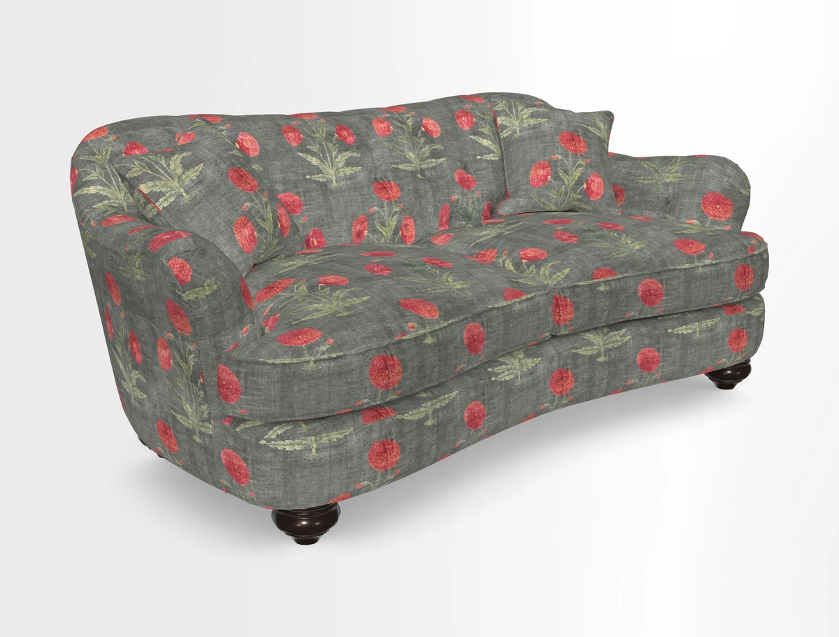 Fairmont 3 Seater Sofa in Romo Osumi Wild Rose with Contrast Piping in Linwood Luna Blossom Contrasting Scatters in Colefax & Fowler Jocasta Velvet Red