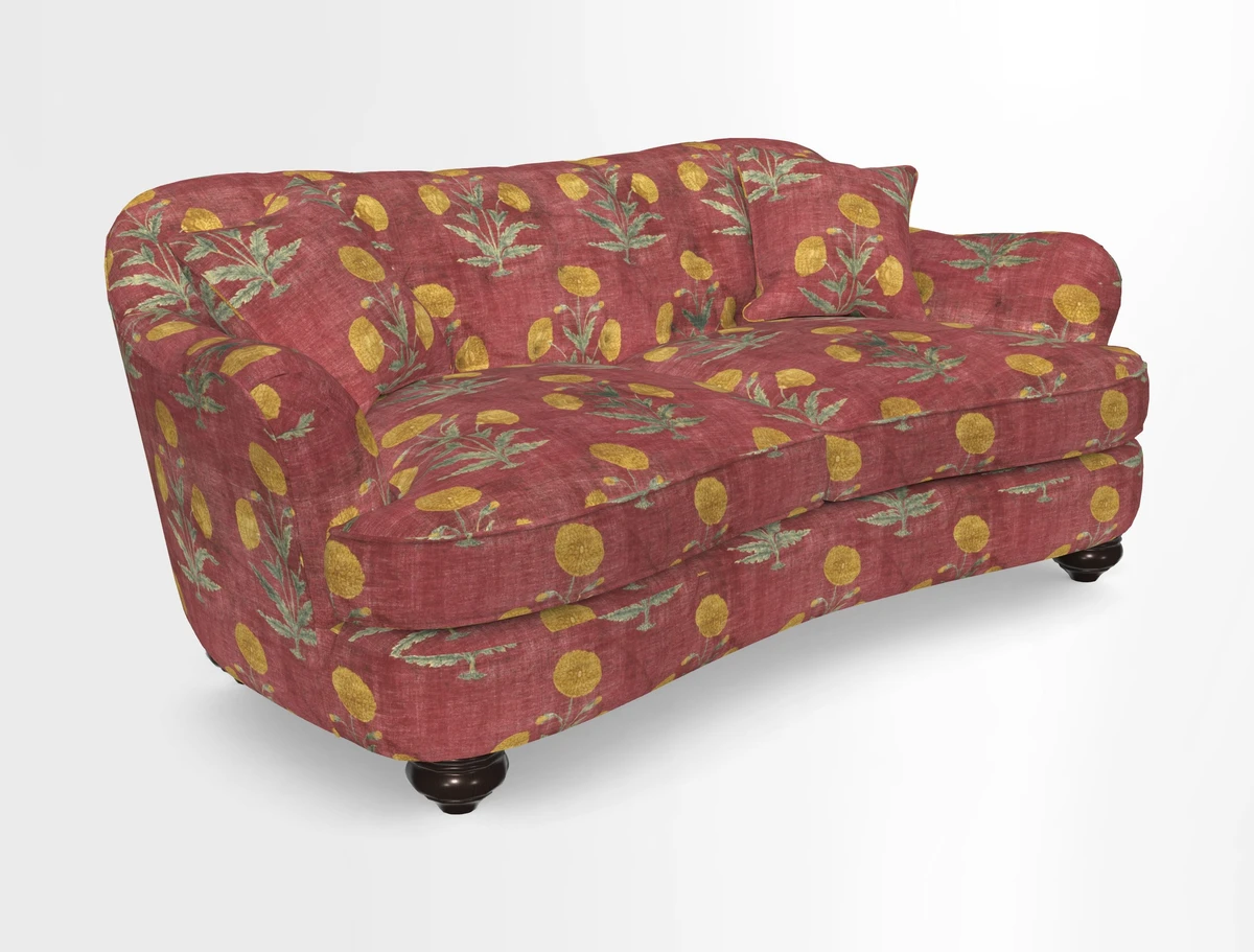 Fairmont 3 Seater Sofa in Romo Osumi Wild Rose with Contrast Piping in Linwood Luna Blossom Contrasting Scatters in Colefax & Fowler Jocasta Velvet Red