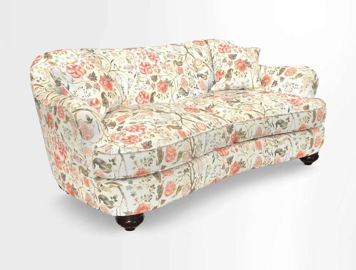 Fairmont 3 Seater Sofa in Romo Osumi Wild Rose with Contrast Piping in Linwood Luna Blossom Contrasting Scatters in Colefax & Fowler Jocasta Velvet Red