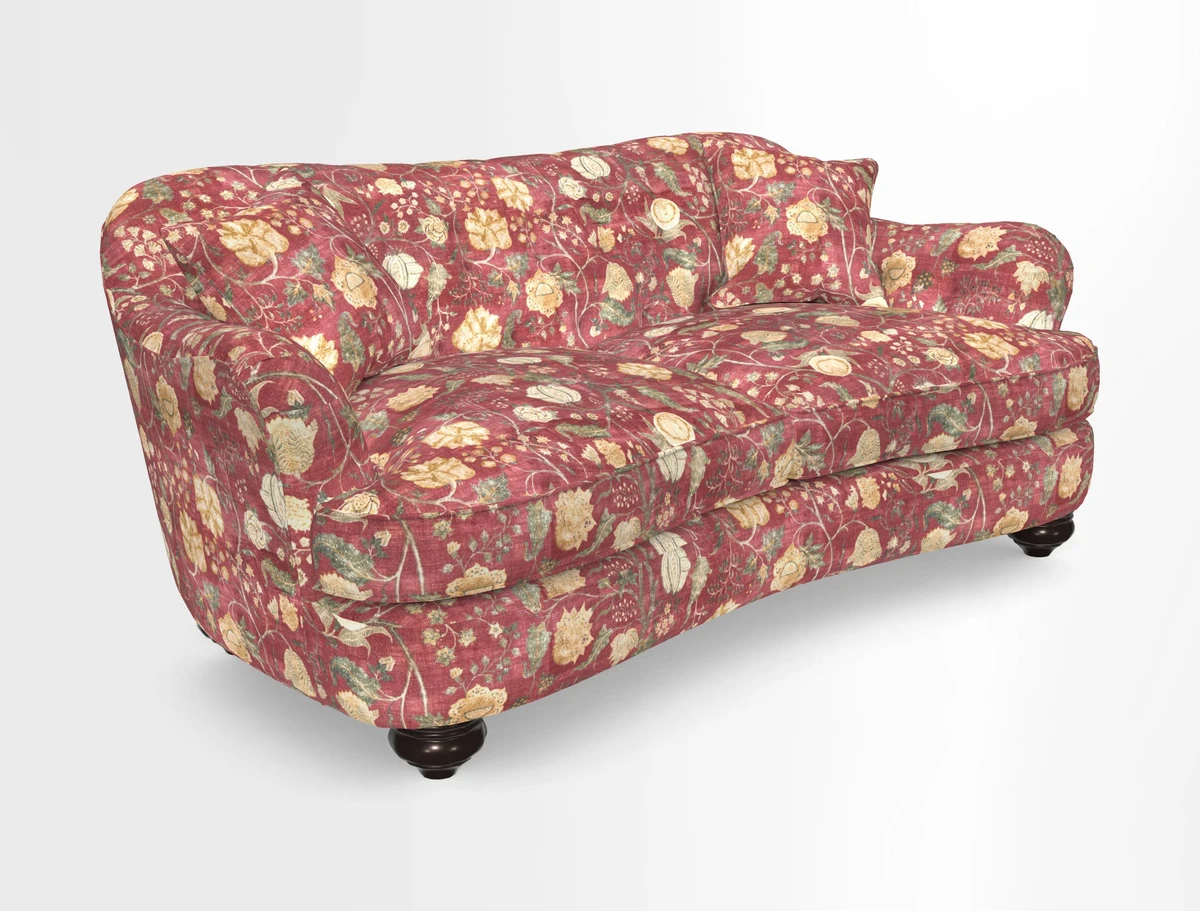 Fairmont 3 Seater Sofa in Romo Osumi Wild Rose with Contrast Piping in Linwood Luna Blossom Contrasting Scatters in Colefax & Fowler Jocasta Velvet Red