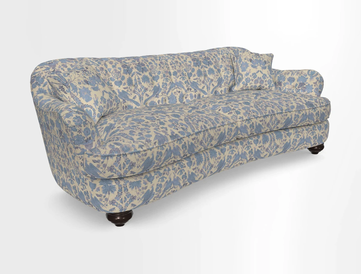 Fairmont 4 Seater Sofa in Romo Osumi Wild Rose with Contrast Piping in Linwood Luna Blossom Contrasting Scatters in Colefax & Fowler Jocasta Velvet Red