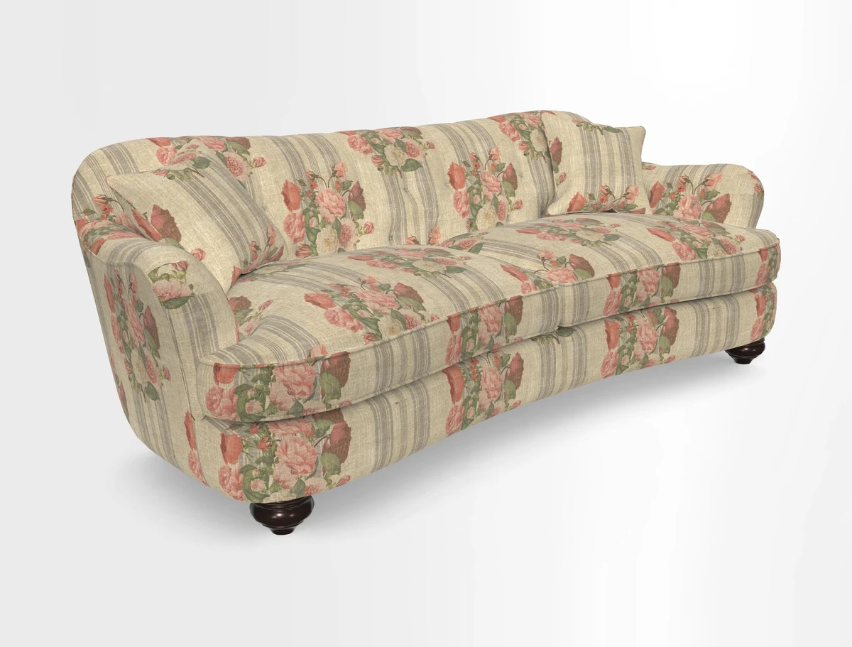 Fairmont 4 Seater Sofa in Romo Osumi Wild Rose with Contrast Piping in Linwood Luna Blossom Contrasting Scatters in Colefax & Fowler Jocasta Velvet Red