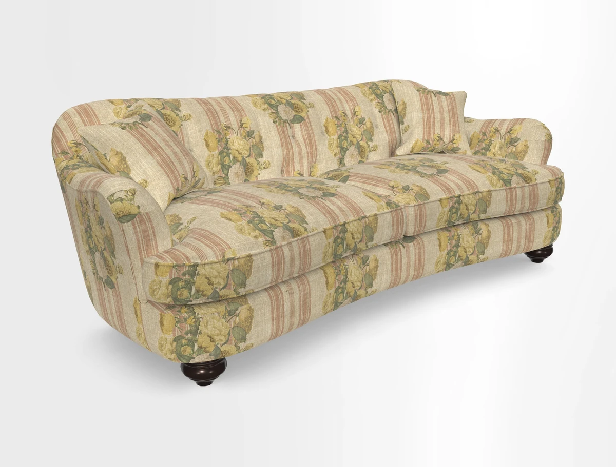 Fairmont 4 Seater Sofa in Romo Osumi Wild Rose with Contrast Piping in Linwood Luna Blossom Contrasting Scatters in Colefax & Fowler Jocasta Velvet Red