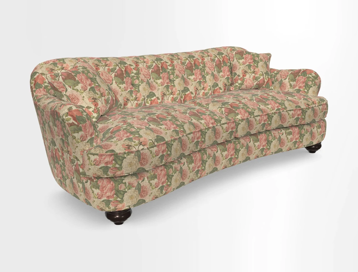 Fairmont 4 Seater Sofa in Romo Osumi Wild Rose with Contrast Piping in Linwood Luna Blossom Contrasting Scatters in Colefax & Fowler Jocasta Velvet Red