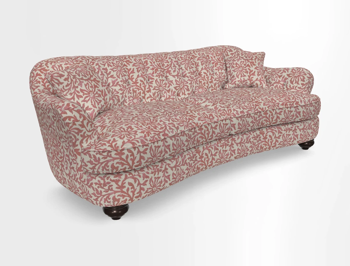 Fairmont 4 Seater Sofa in Romo Osumi Wild Rose with Contrast Piping in Linwood Luna Blossom Contrasting Scatters in Colefax & Fowler Jocasta Velvet Red
