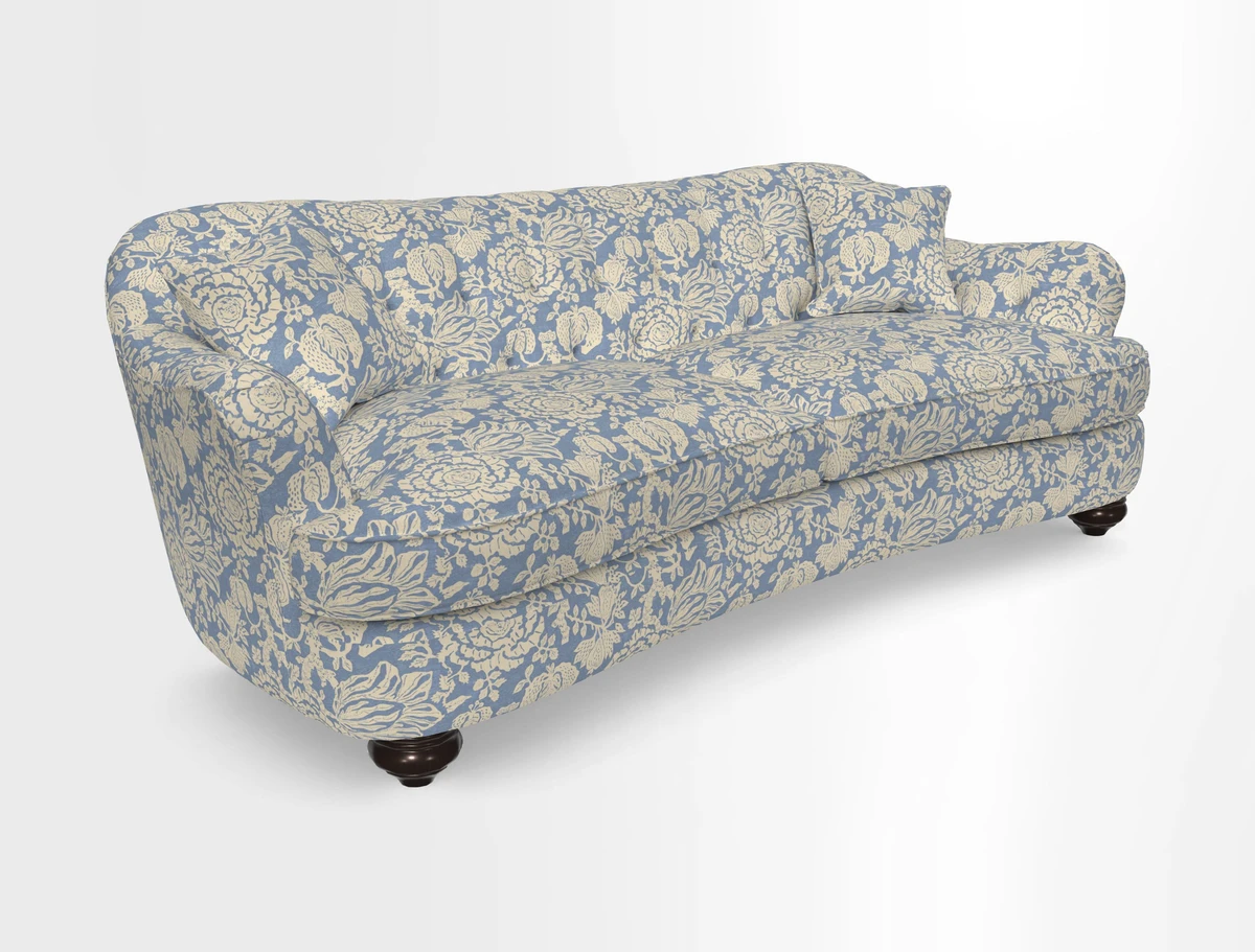 Fairmont 4 Seater Sofa in Romo Osumi Wild Rose with Contrast Piping in Linwood Luna Blossom Contrasting Scatters in Colefax & Fowler Jocasta Velvet Red