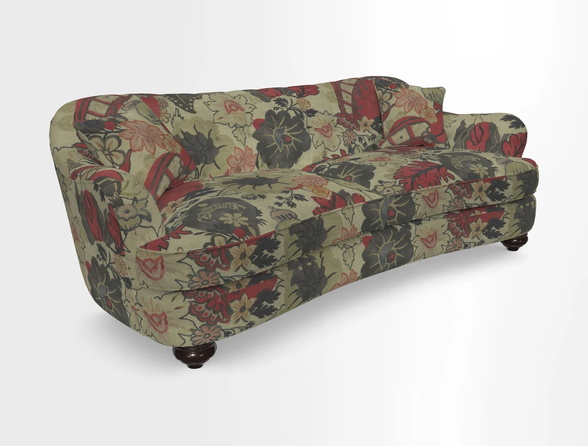 Fairmont 4 Seater Sofa in Romo Osumi Wild Rose with Contrast Piping in Linwood Luna Blossom Contrasting Scatters in Colefax & Fowler Jocasta Velvet Red