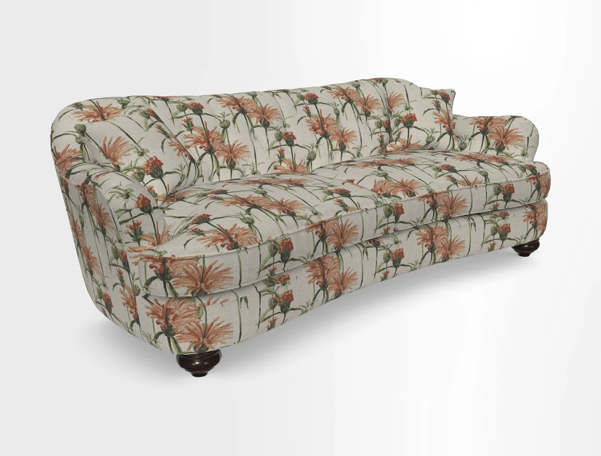 Fairmont 4 Seater Sofa in Romo Osumi Wild Rose with Contrast Piping in Linwood Luna Blossom Contrasting Scatters in Colefax & Fowler Jocasta Velvet Red