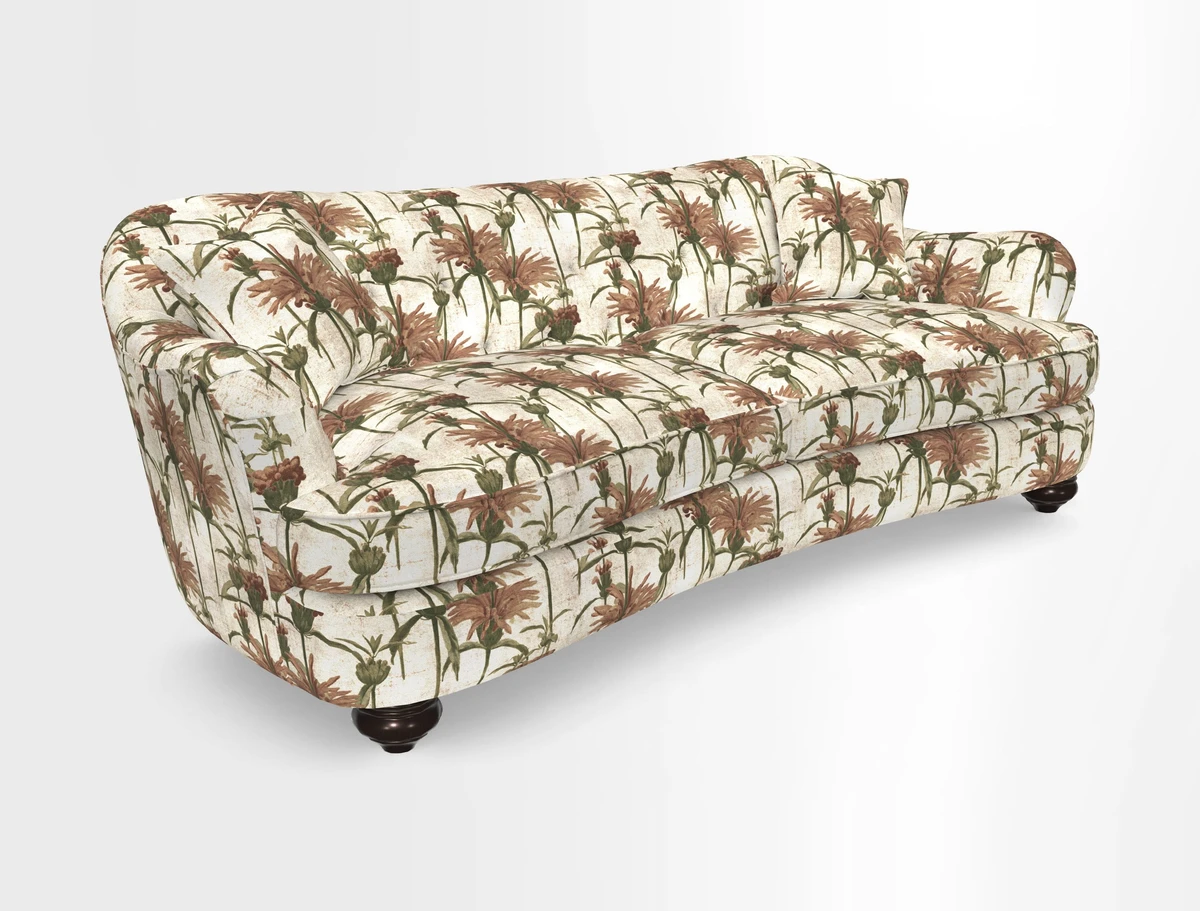 Fairmont 4 Seater Sofa in Romo Osumi Wild Rose with Contrast Piping in Linwood Luna Blossom Contrasting Scatters in Colefax & Fowler Jocasta Velvet Red