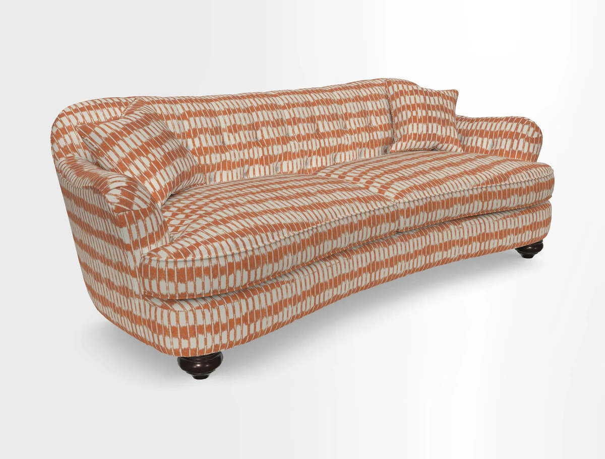 Fairmont 4 Seater Sofa in Romo Osumi Wild Rose with Contrast Piping in Linwood Luna Blossom Contrasting Scatters in Colefax & Fowler Jocasta Velvet Red