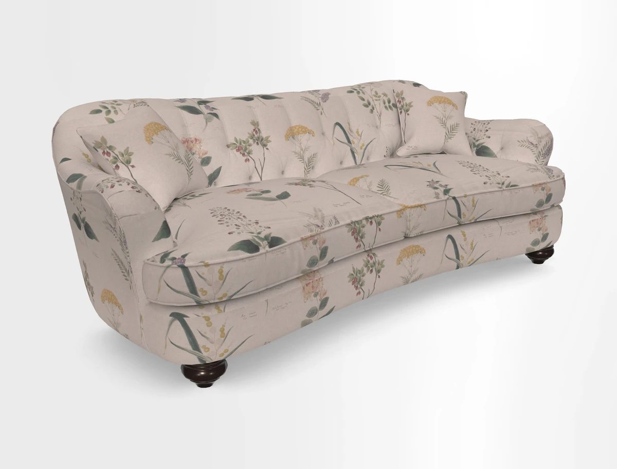 Fairmont 4 Seater Sofa in Romo Osumi Wild Rose with Contrast Piping in Linwood Luna Blossom Contrasting Scatters in Colefax & Fowler Jocasta Velvet Red