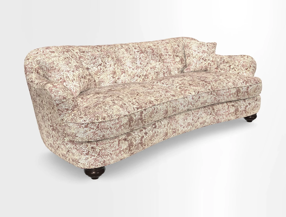 Fairmont 4 Seater Sofa in Romo Osumi Wild Rose with Contrast Piping in Linwood Luna Blossom Contrasting Scatters in Colefax & Fowler Jocasta Velvet Red