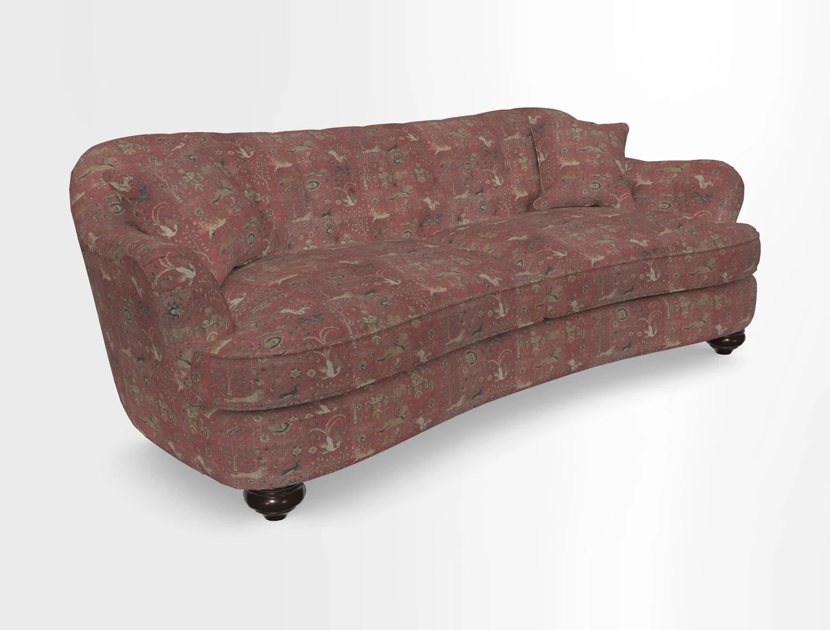 Fairmont 4 Seater Sofa in Romo Osumi Wild Rose with Contrast Piping in Linwood Luna Blossom Contrasting Scatters in Colefax & Fowler Jocasta Velvet Red