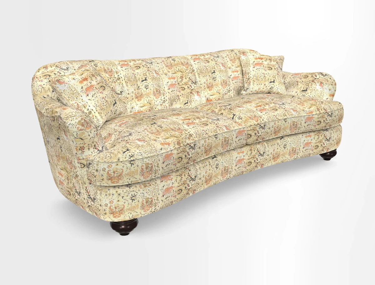 Fairmont 4 Seater Sofa in Romo Osumi Wild Rose with Contrast Piping in Linwood Luna Blossom Contrasting Scatters in Colefax & Fowler Jocasta Velvet Red