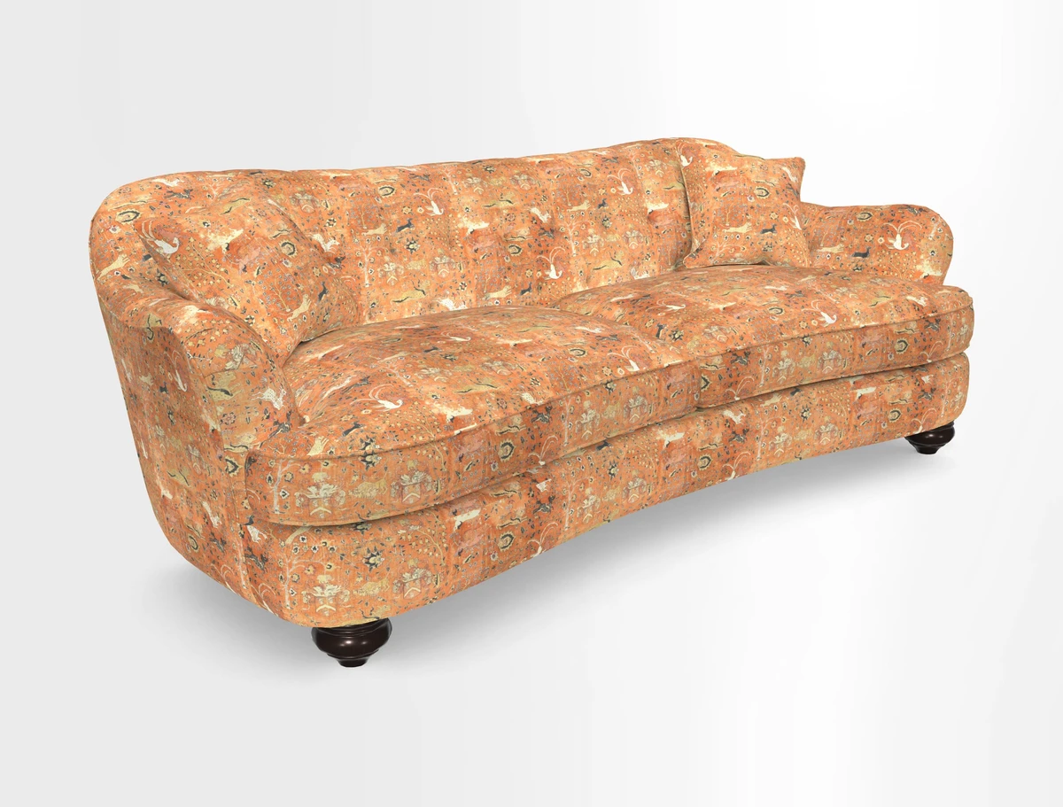 Fairmont 4 Seater Sofa in Romo Osumi Wild Rose with Contrast Piping in Linwood Luna Blossom Contrasting Scatters in Colefax & Fowler Jocasta Velvet Red