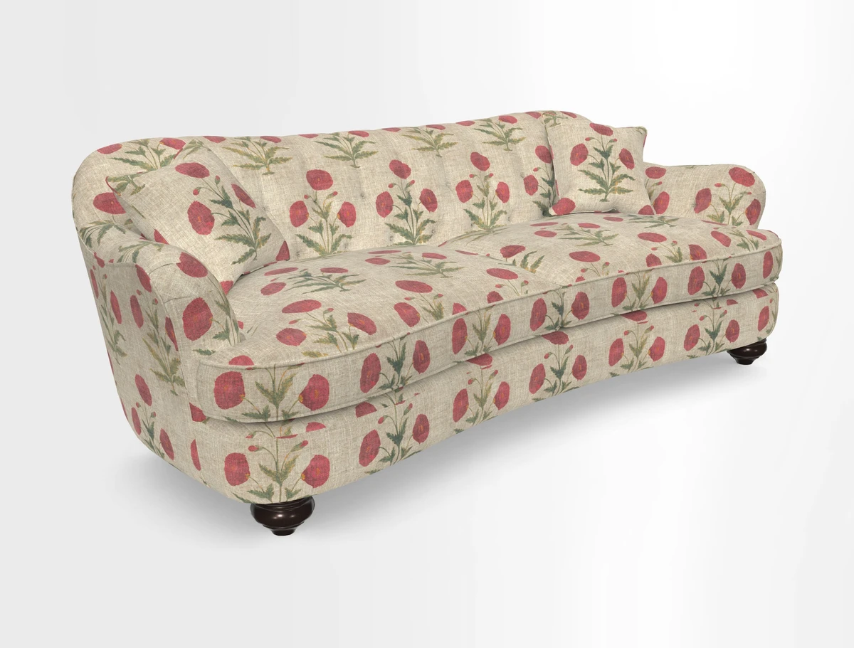 Fairmont 4 Seater Sofa in Romo Osumi Wild Rose with Contrast Piping in Linwood Luna Blossom Contrasting Scatters in Colefax & Fowler Jocasta Velvet Red