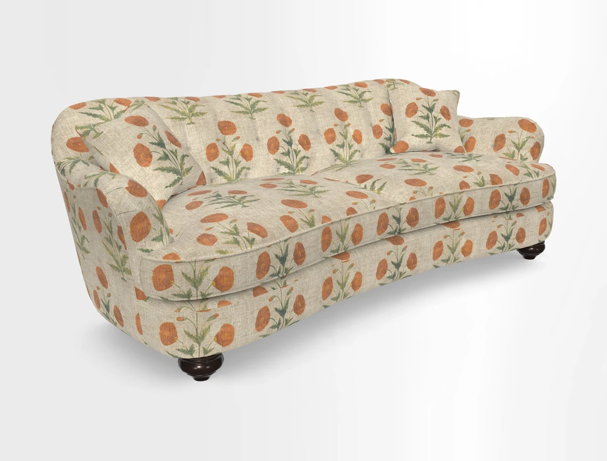 Fairmont 4 Seater Sofa in Romo Osumi Wild Rose with Contrast Piping in Linwood Luna Blossom Contrasting Scatters in Colefax & Fowler Jocasta Velvet Red