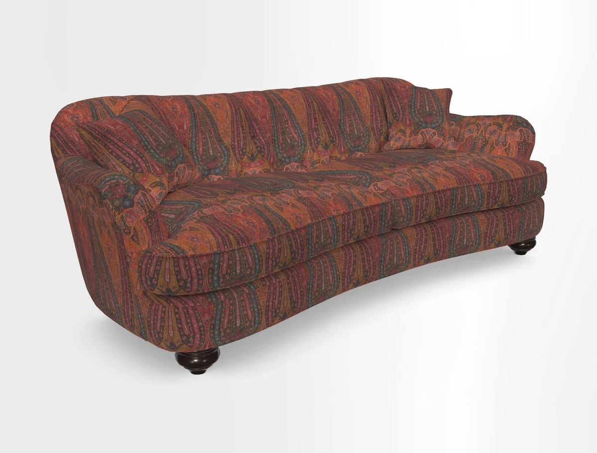 Fairmont 4 Seater Sofa in Romo Osumi Wild Rose with Contrast Piping in Linwood Luna Blossom Contrasting Scatters in Colefax & Fowler Jocasta Velvet Red