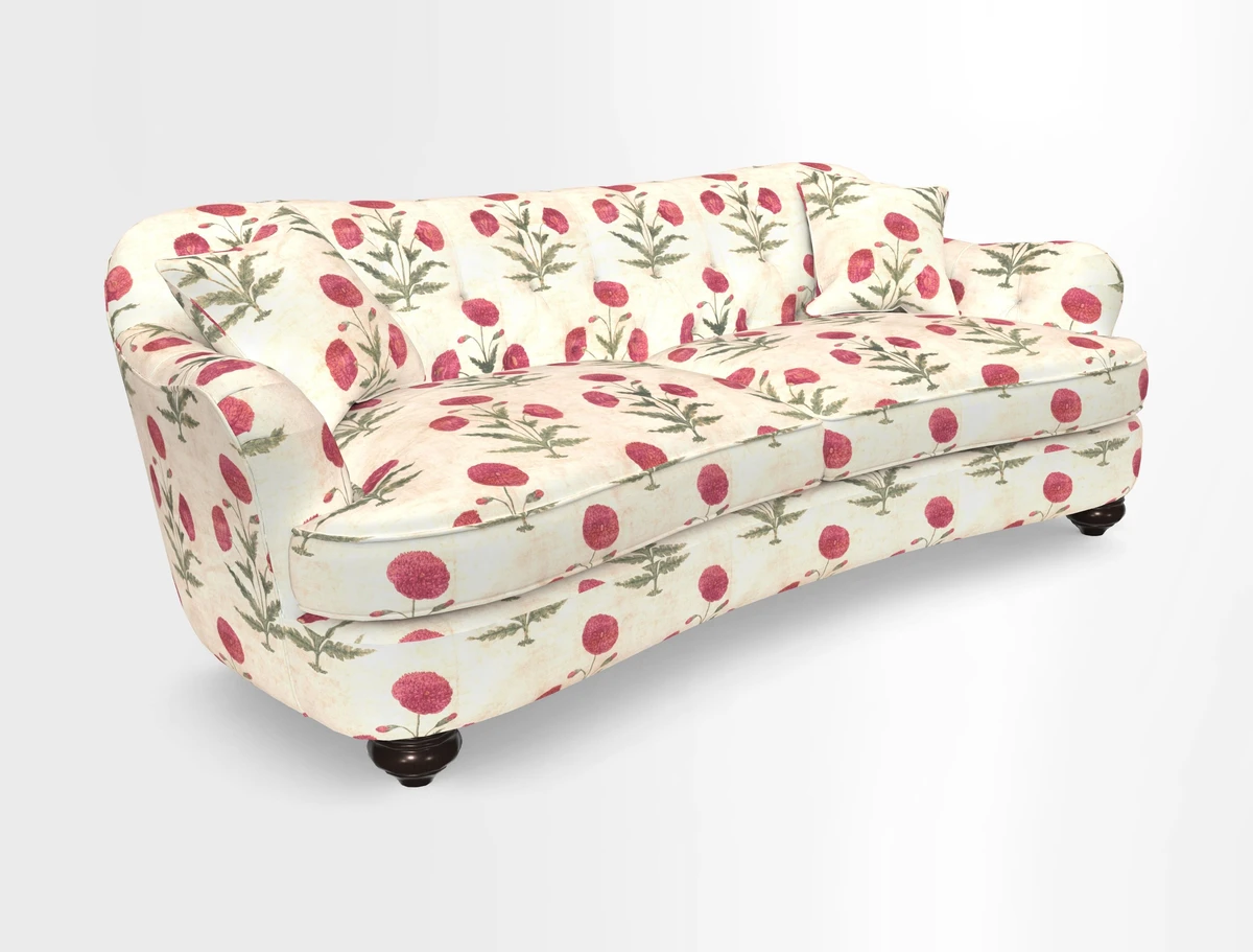 Fairmont 4 Seater Sofa in Romo Osumi Wild Rose with Contrast Piping in Linwood Luna Blossom Contrasting Scatters in Colefax & Fowler Jocasta Velvet Red