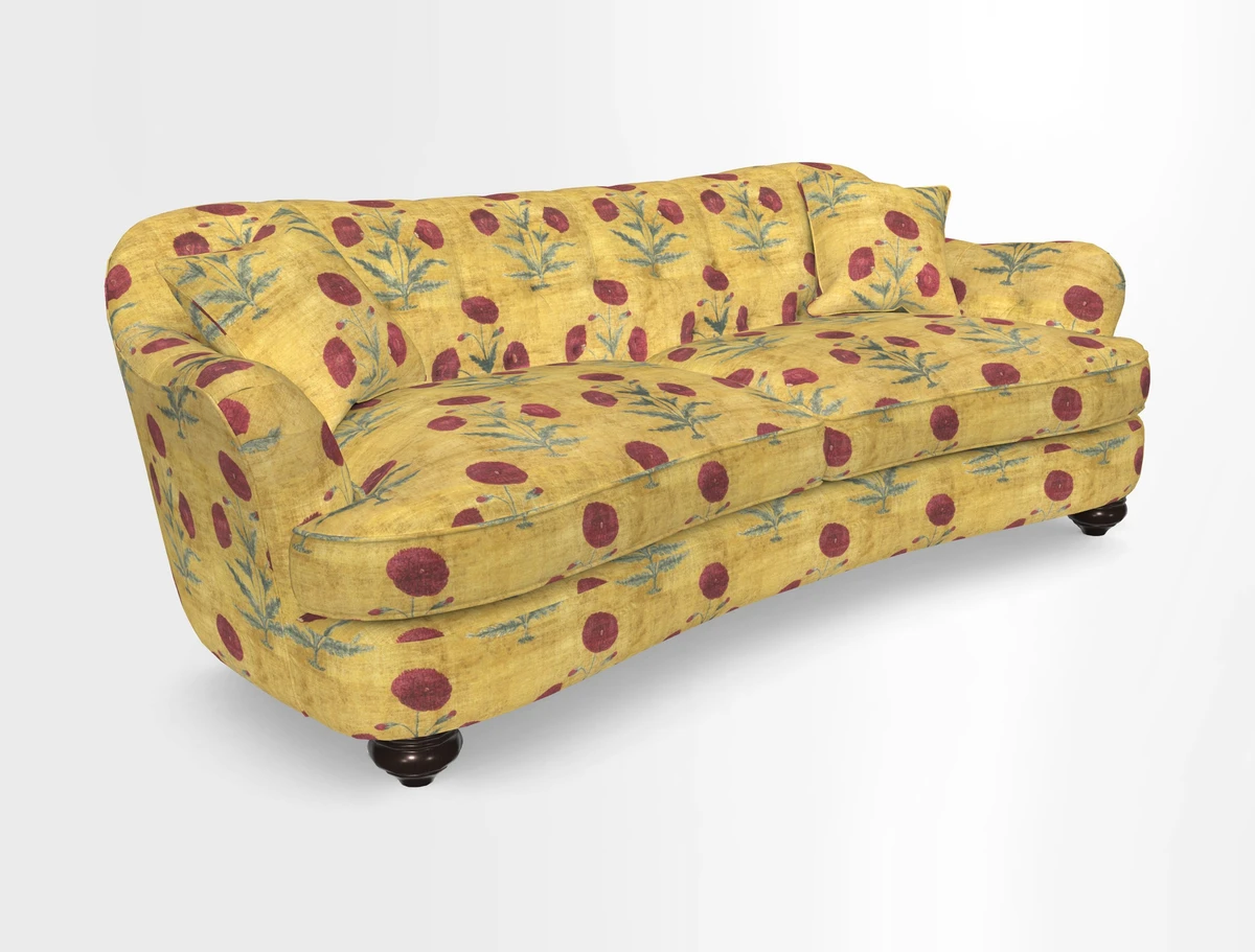 Fairmont 4 Seater Sofa in Romo Osumi Wild Rose with Contrast Piping in Linwood Luna Blossom Contrasting Scatters in Colefax & Fowler Jocasta Velvet Red
