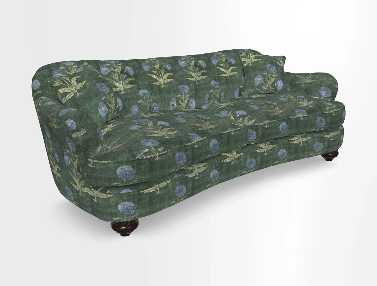 Fairmont 4 Seater Sofa in Romo Osumi Wild Rose with Contrast Piping in Linwood Luna Blossom Contrasting Scatters in Colefax & Fowler Jocasta Velvet Red