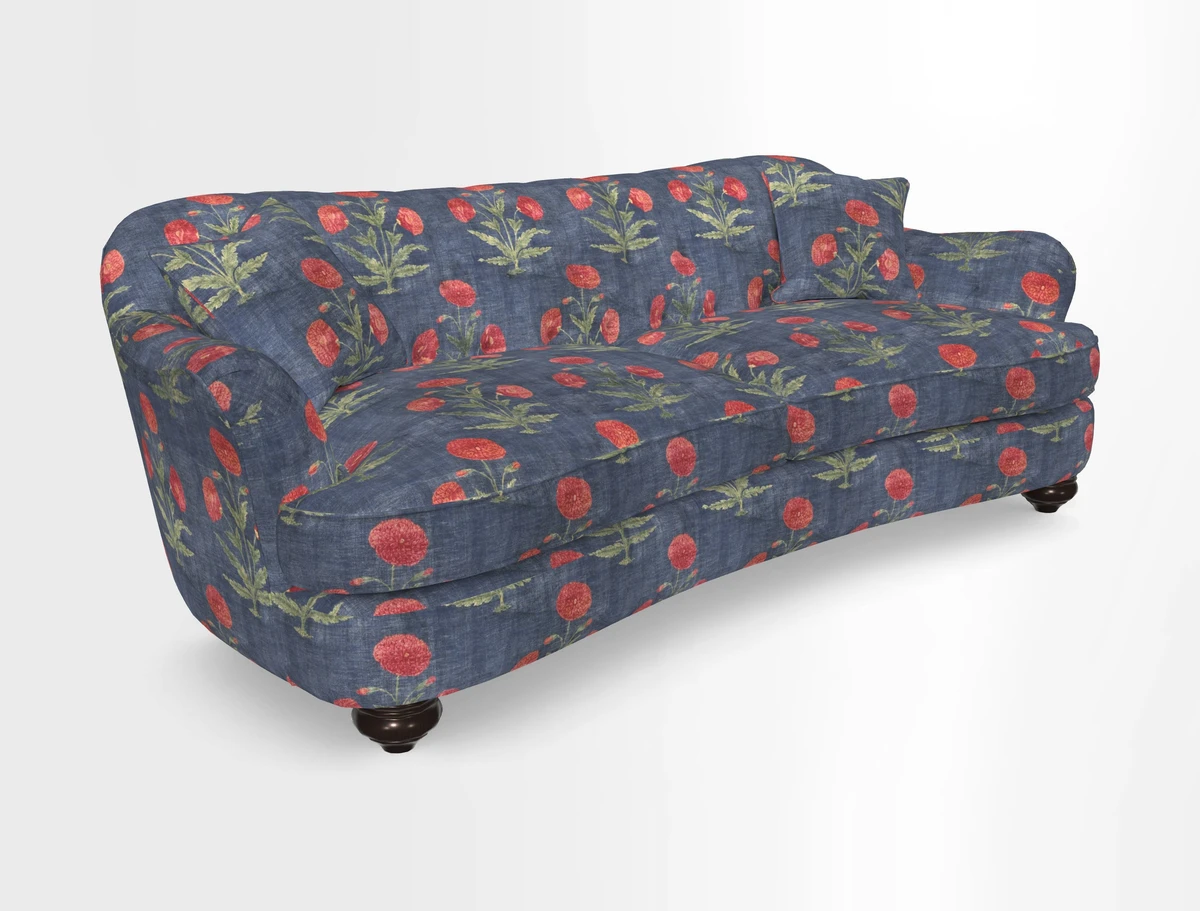 Fairmont 4 Seater Sofa in Romo Osumi Wild Rose with Contrast Piping in Linwood Luna Blossom Contrasting Scatters in Colefax & Fowler Jocasta Velvet Red