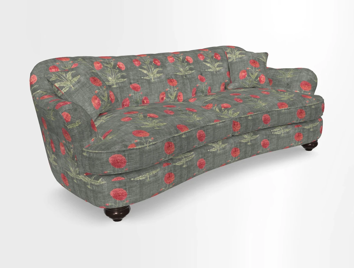 Fairmont 4 Seater Sofa in Romo Osumi Wild Rose with Contrast Piping in Linwood Luna Blossom Contrasting Scatters in Colefax & Fowler Jocasta Velvet Red