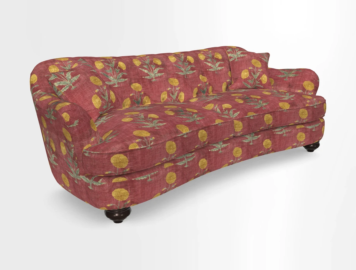 Fairmont 4 Seater Sofa in Romo Osumi Wild Rose with Contrast Piping in Linwood Luna Blossom Contrasting Scatters in Colefax & Fowler Jocasta Velvet Red