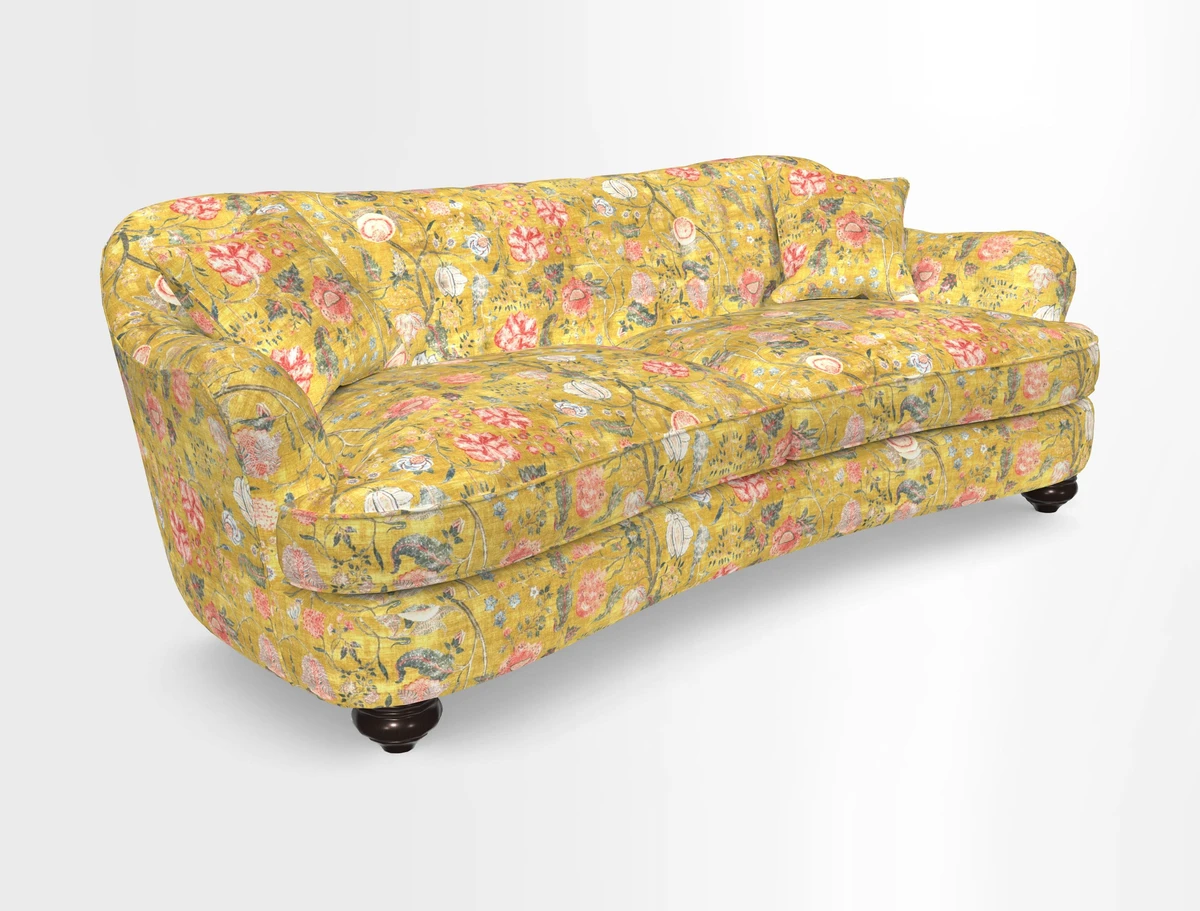 Fairmont 4 Seater Sofa in Romo Osumi Wild Rose with Contrast Piping in Linwood Luna Blossom Contrasting Scatters in Colefax & Fowler Jocasta Velvet Red