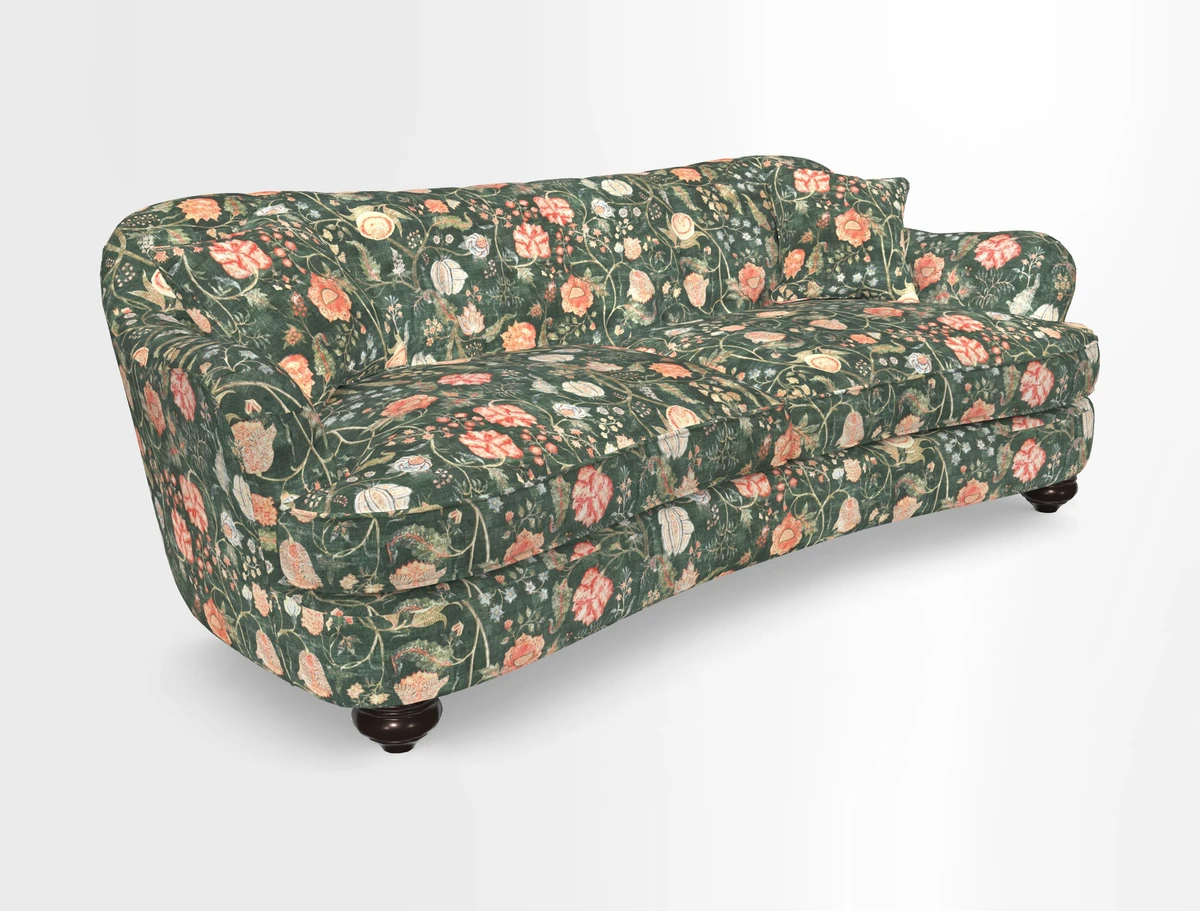 Fairmont 4 Seater Sofa in Romo Osumi Wild Rose with Contrast Piping in Linwood Luna Blossom Contrasting Scatters in Colefax & Fowler Jocasta Velvet Red
