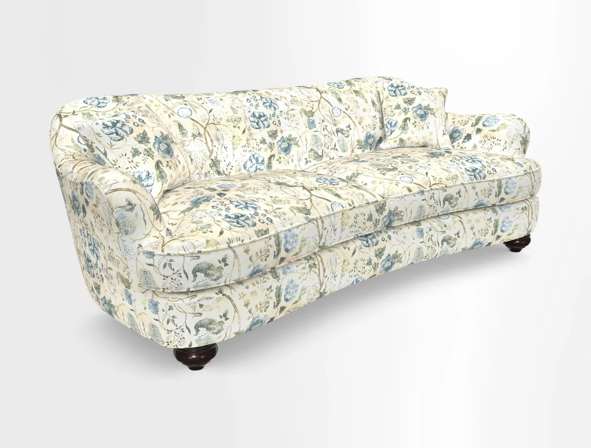 Fairmont 4 Seater Sofa in Romo Osumi Wild Rose with Contrast Piping in Linwood Luna Blossom Contrasting Scatters in Colefax & Fowler Jocasta Velvet Red
