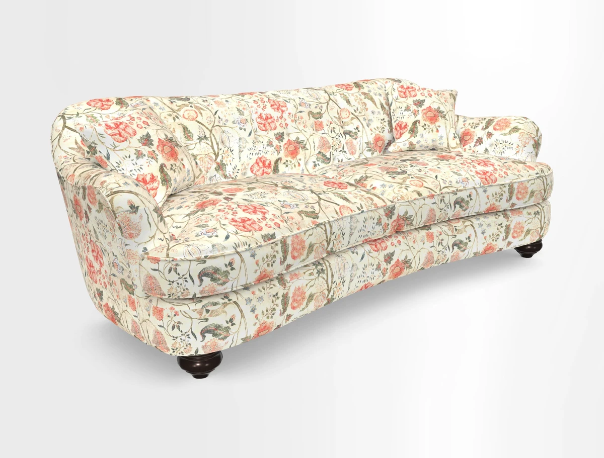 Fairmont 4 Seater Sofa in Romo Osumi Wild Rose with Contrast Piping in Linwood Luna Blossom Contrasting Scatters in Colefax & Fowler Jocasta Velvet Red