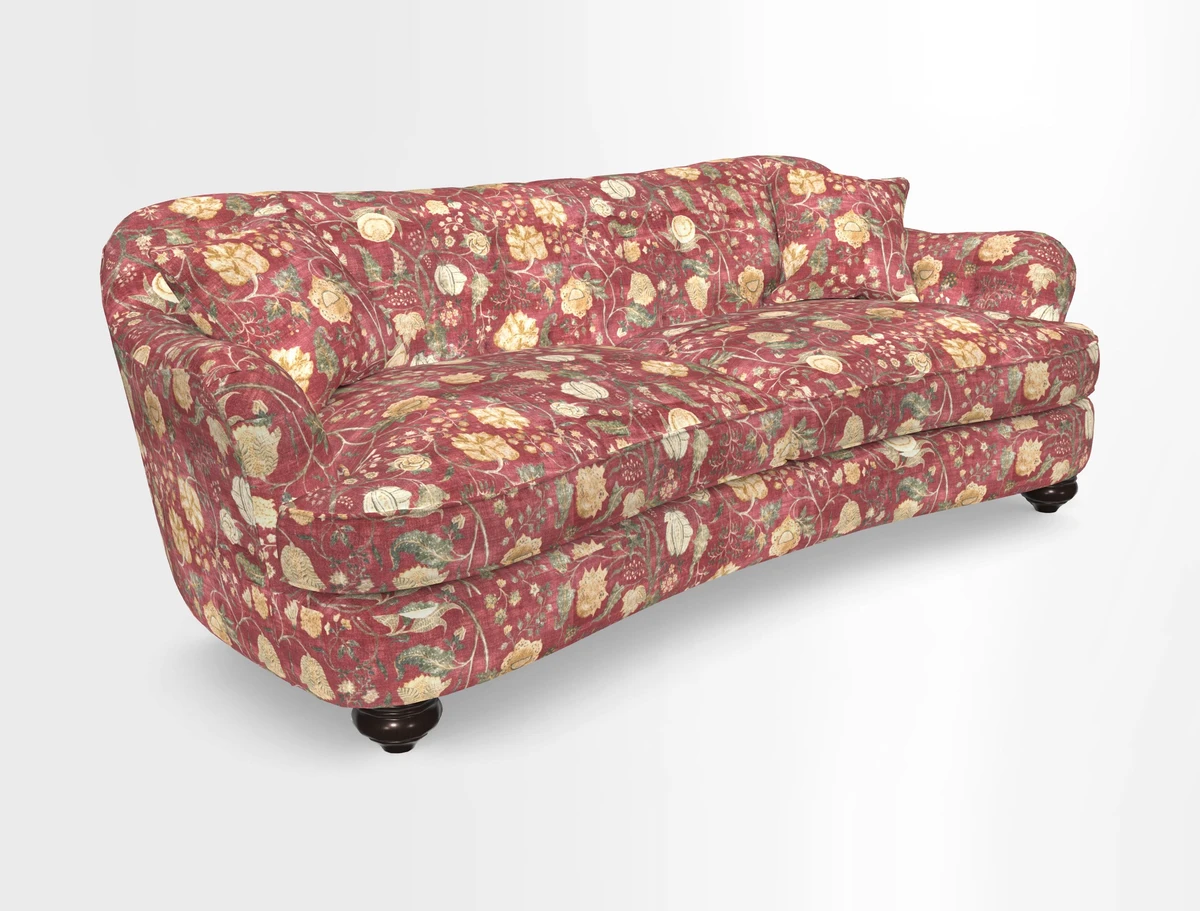 Fairmont 4 Seater Sofa in Romo Osumi Wild Rose with Contrast Piping in Linwood Luna Blossom Contrasting Scatters in Colefax & Fowler Jocasta Velvet Red