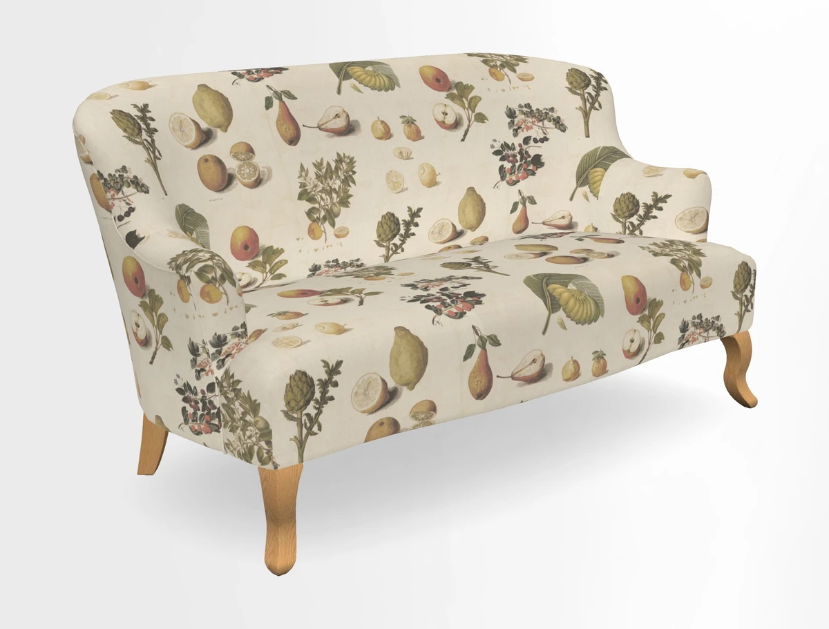 Grassington 3 Seater Sofa in RHS Botanicals on Velvet Ferns Toile Olive with scatter in Almost Plain Velvet Harvest