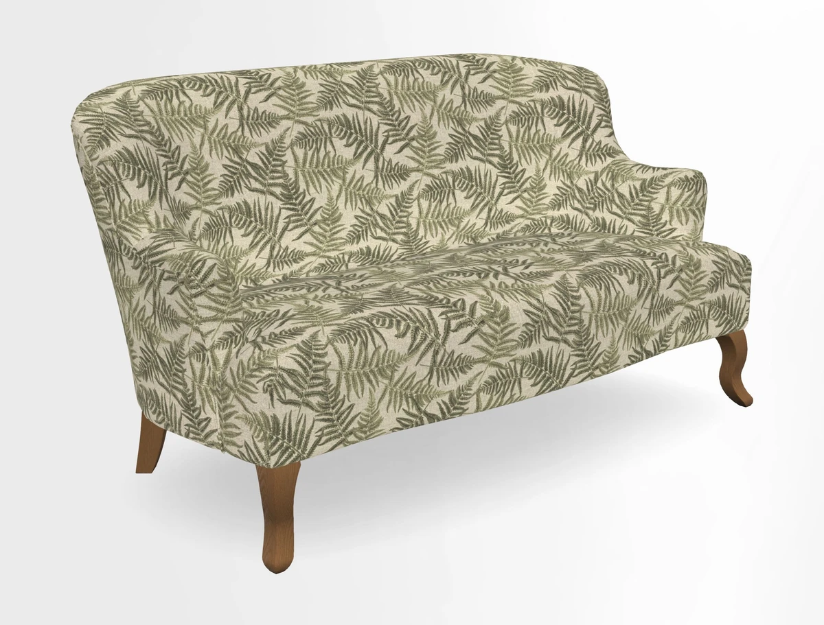 Grassington 3 Seater Sofa in RHS Botanicals on Velvet Ferns Toile Olive with scatter in Almost Plain Velvet Harvest