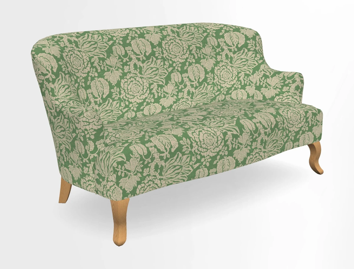 Grassington 3 Seater Sofa in RHS Botanicals on Velvet Ferns Toile Olive with scatter in Almost Plain Velvet Harvest