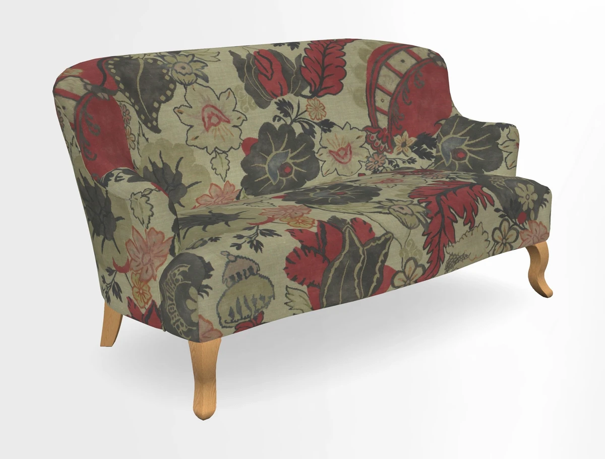 Grassington 3 Seater Sofa in RHS Botanicals on Velvet Ferns Toile Olive with scatter in Almost Plain Velvet Harvest