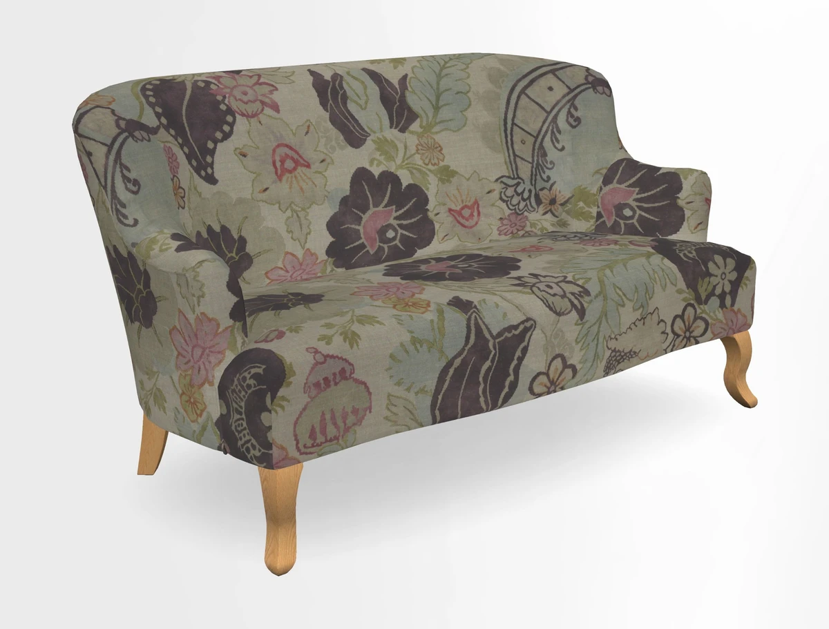 Grassington 3 Seater Sofa in RHS Botanicals on Velvet Ferns Toile Olive with scatter in Almost Plain Velvet Harvest